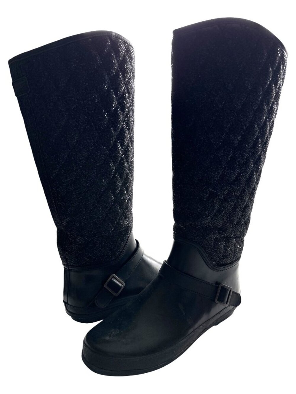 Sperry Black Glitter Quilted Waterproof Rubber Rain Boots Top Sider Size 9